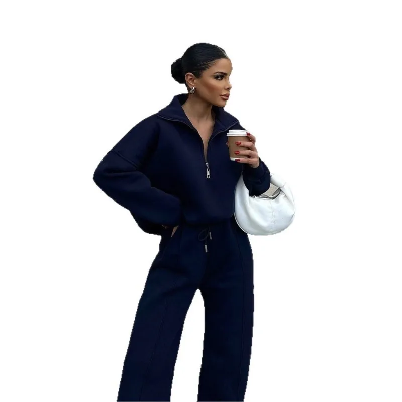Setelan Dua Potong Wanita Kasual Warna Solid Terbaru, Hoodie Longgar Lengan Panjang Modis, Celana Panjang Model Lurus