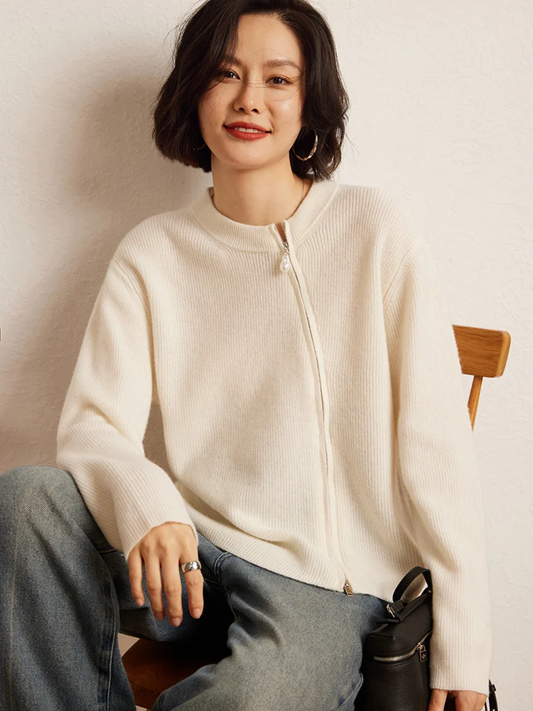 2025 Chic Women 100% Cashmere Sweater Pearl Double Headed Zipper Slanted Placket Cashmere Cardigan Autumn Winter Luxury Soft Top