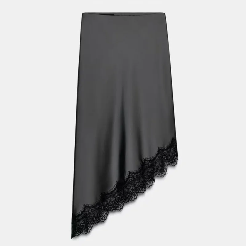 الدانتيل الساتان محكم تنورة المرأة الخريف الشتاء منتصف الخصر غير المتماثلة هيم التباين خياطة تنورة دانتيل تنورة الموضة غير رسمية   ﻿