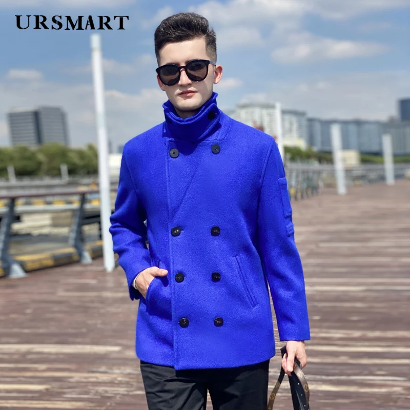 

2024 Men's Wool Coat short Double breasted Short Thickened Liner Neck Protection Warm fashion New Blue Coat