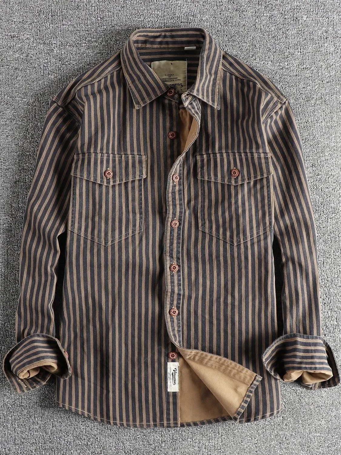 Retro American Vertical Stripes Men's Denim Shirt Heavy Duty Workwear Long Sleeve Shirt Spring 2025 New Style Wear Resistant