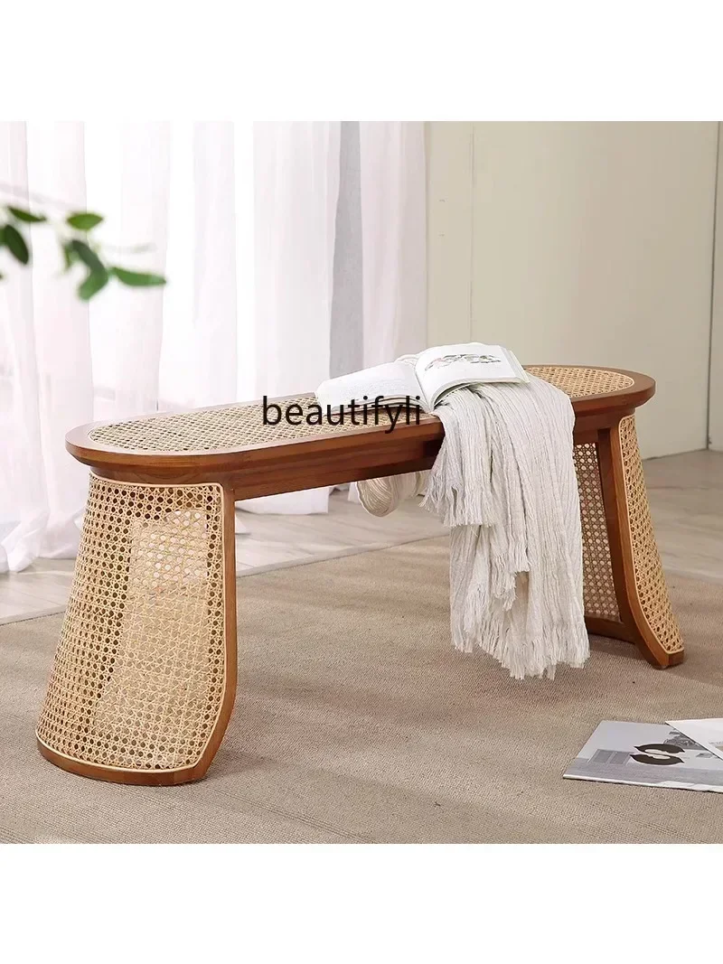 35Japanese-Style Solid Wood Rattan Bench Shoe Changing Stool B & B Bedroom Bed End Stool Simple BenchssSSS