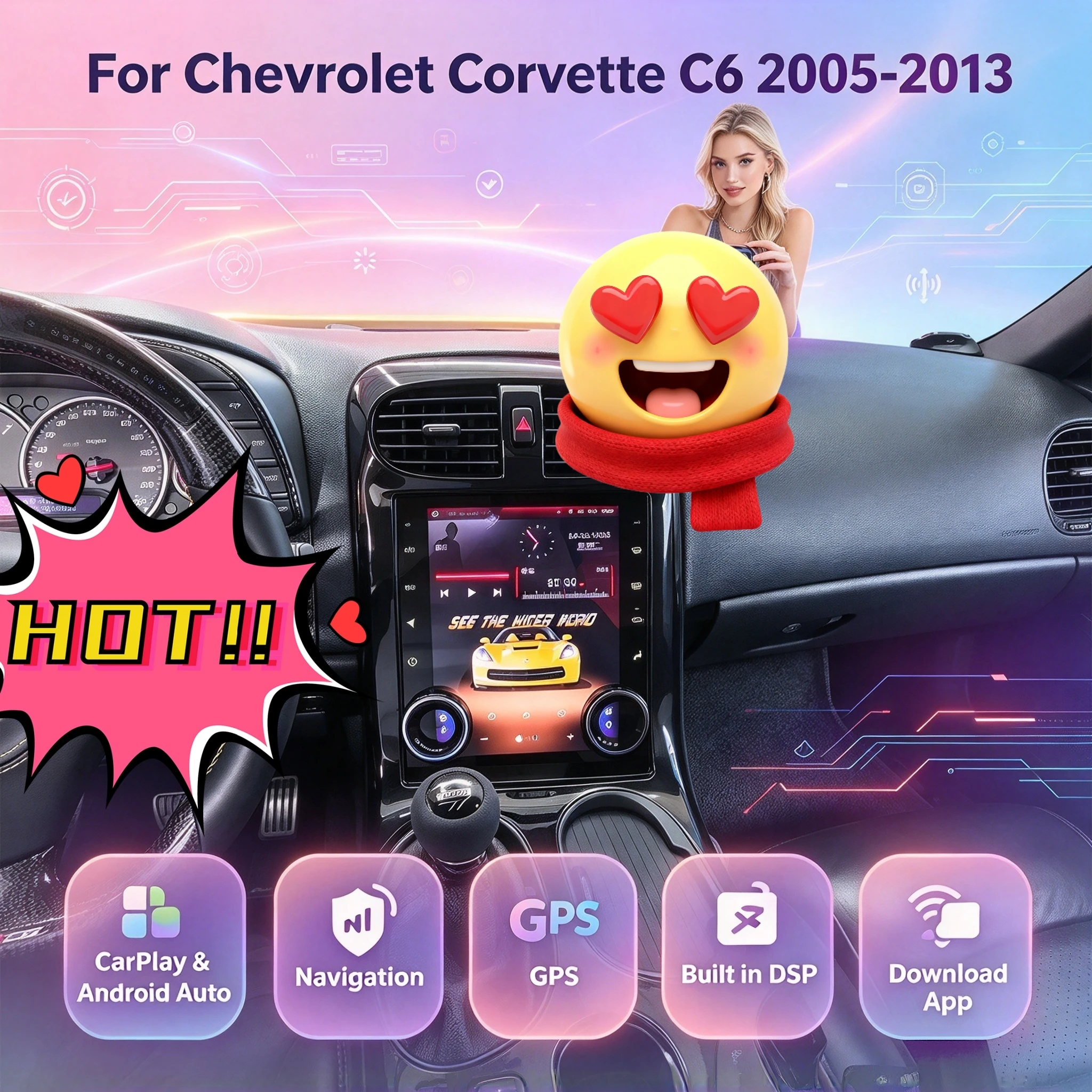 Screen Android 14 Auto Car Multimedia Player For Chevrolet Corvette C6 2005-2013 Carplay GPS Navi Audio Radio BT Head unit