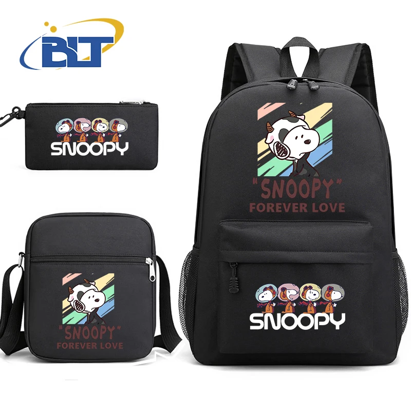 MINISO Set tas sekolah anak, tas ransel bahu tas pensil 3 potong cetak Snoopy