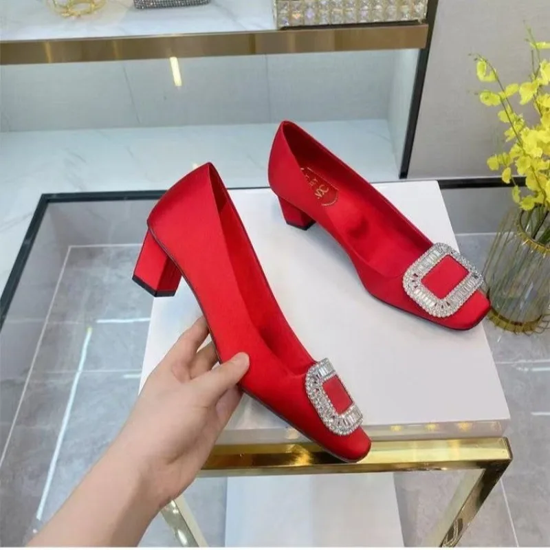 

Soft Leather Rhinestone Square Buckle Small Square Toe Shallow Single Shoes Spring New Non-tiring Feet Women's Shoes