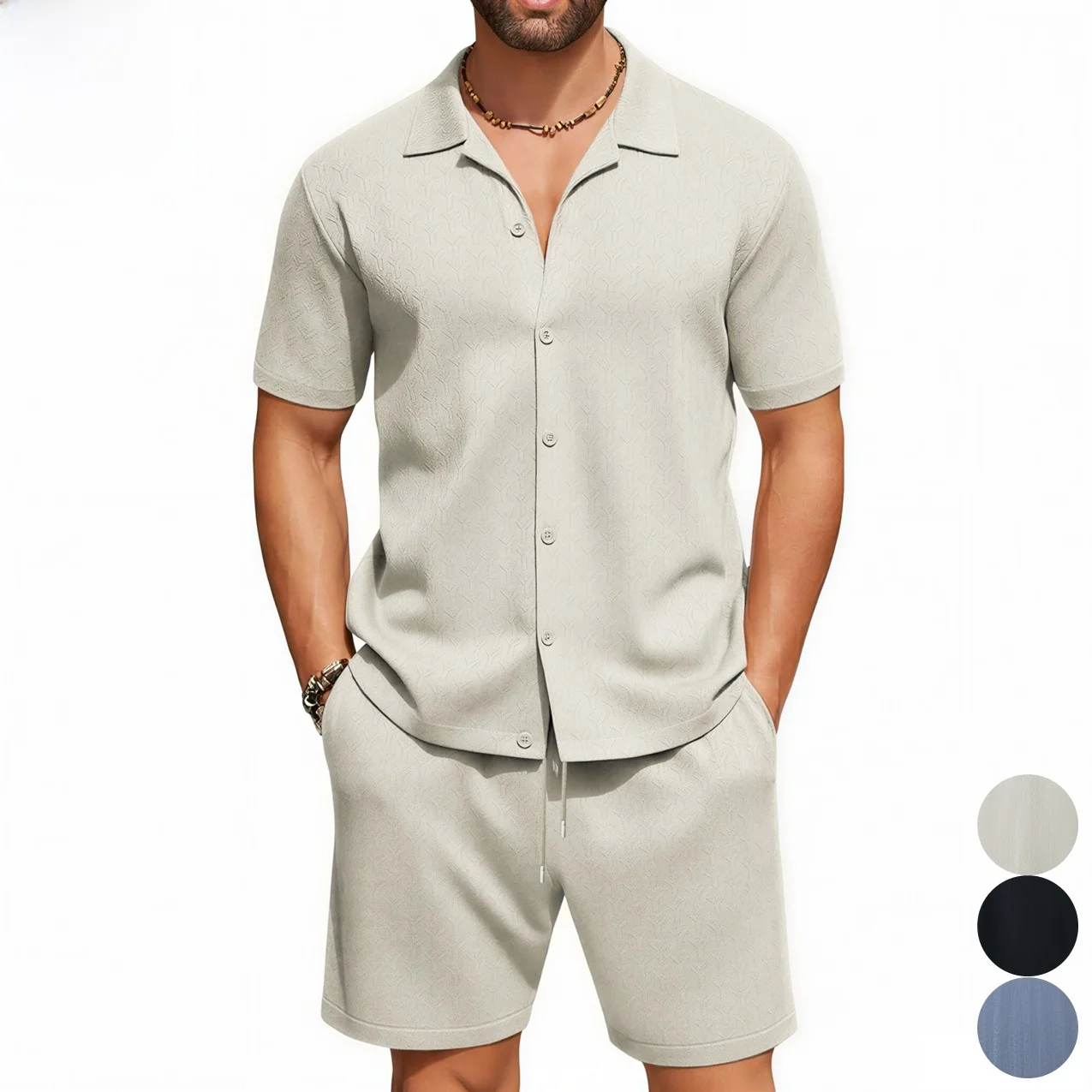 Conjunto de Camisa Casual con Cuello Cubano para Hombre, Ropa para el Hogar, Traje de Dos Piezas, Manga Corta, Tela de Poliéster, Ropa Deportiva de Verano
