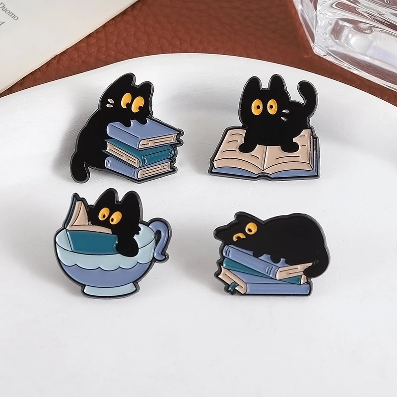 Cute Cat and Book Enamel Pin Cartoon Animal Reading Books Bookworm Brooches Lapel Badge Funny Jewelry Gifts for Kids Friends