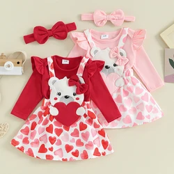 2023-11-09 Lioraitiin Newborn Baby Girls Valentine's Day Outfits Romper Bear Patch Heart Print Baby Suspender Skirts Clothes Set