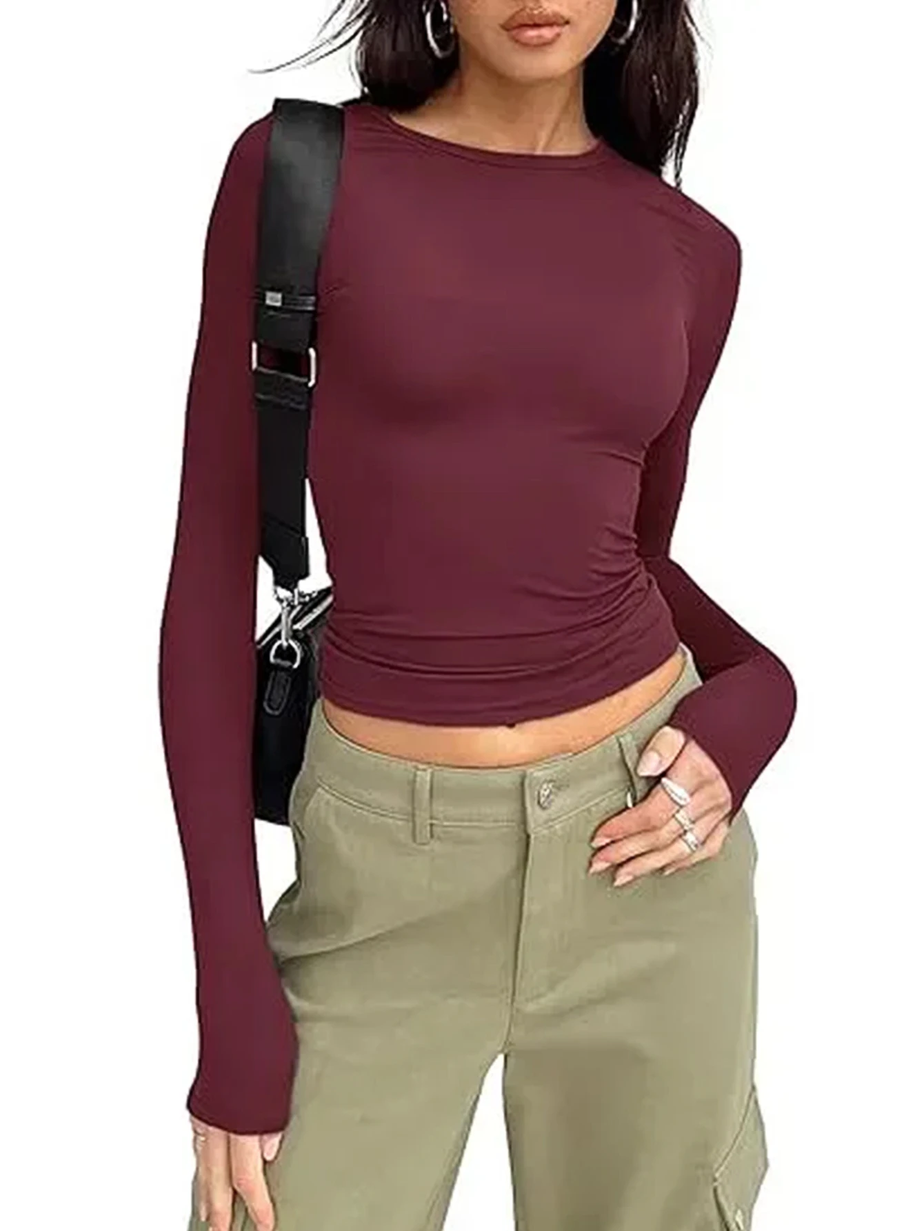 

Women's Autumn T-Shirts Simple Solid Color Long Sleeve round Neck Cropped Casual Tees Fashion Top for Ladies