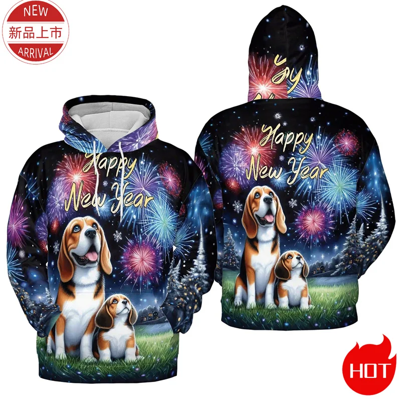 3D Print 2025 Happy New Year Hoodies Firework Cute Pull Terrier Corgi Graphic Hooded Hoody Fashion Streetwear Mens Clothing Tops