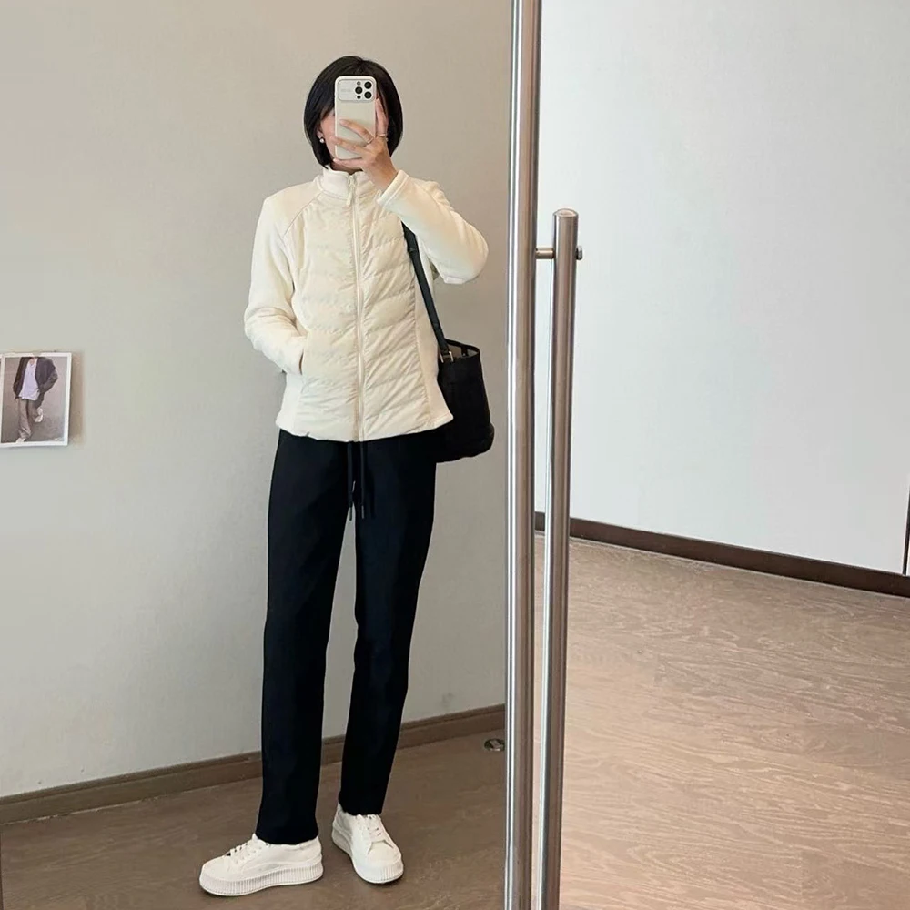 Slanke donsjassen voor dames Winter Nieuwe warme zachte fleece patchwork Outerwears Harajuku Casual All-Match effen winddichte jassen