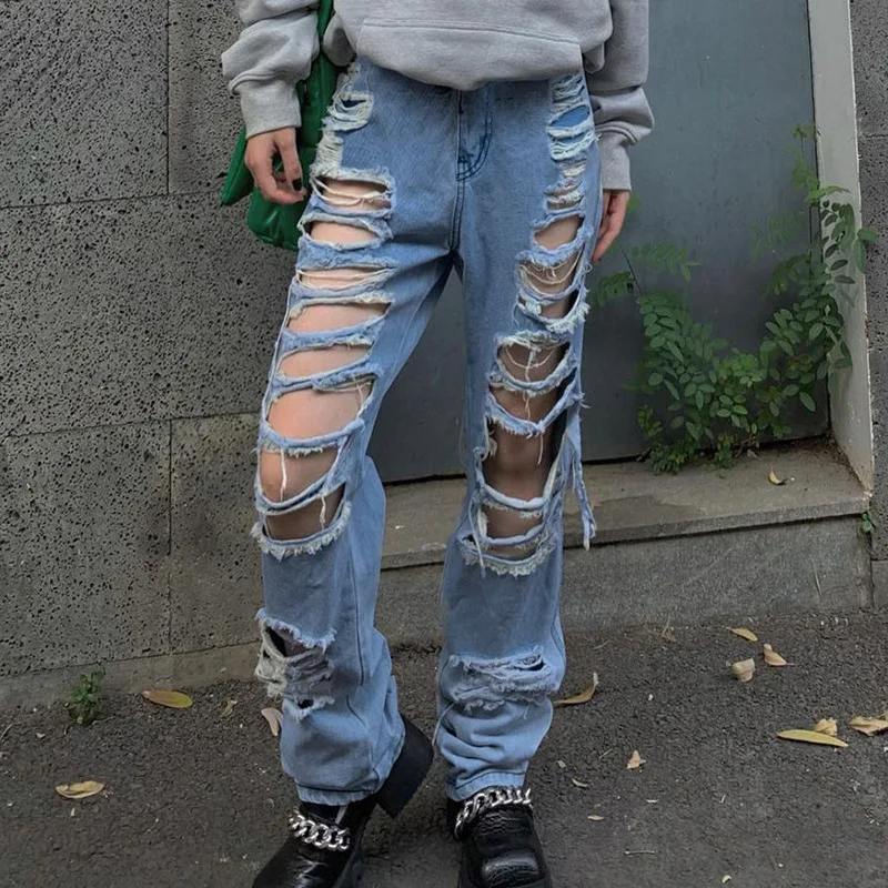 

Women's Jeanseuropean And American Fashion Thin Straight Trousers 2023 Women's Street Trend Features Many Holes Washed And Worn