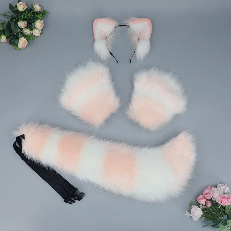 Handwork Fursuit Fox Ears Headband Plush Tail Orange Furry Headwear Animal Orc Cosplay Performance Props