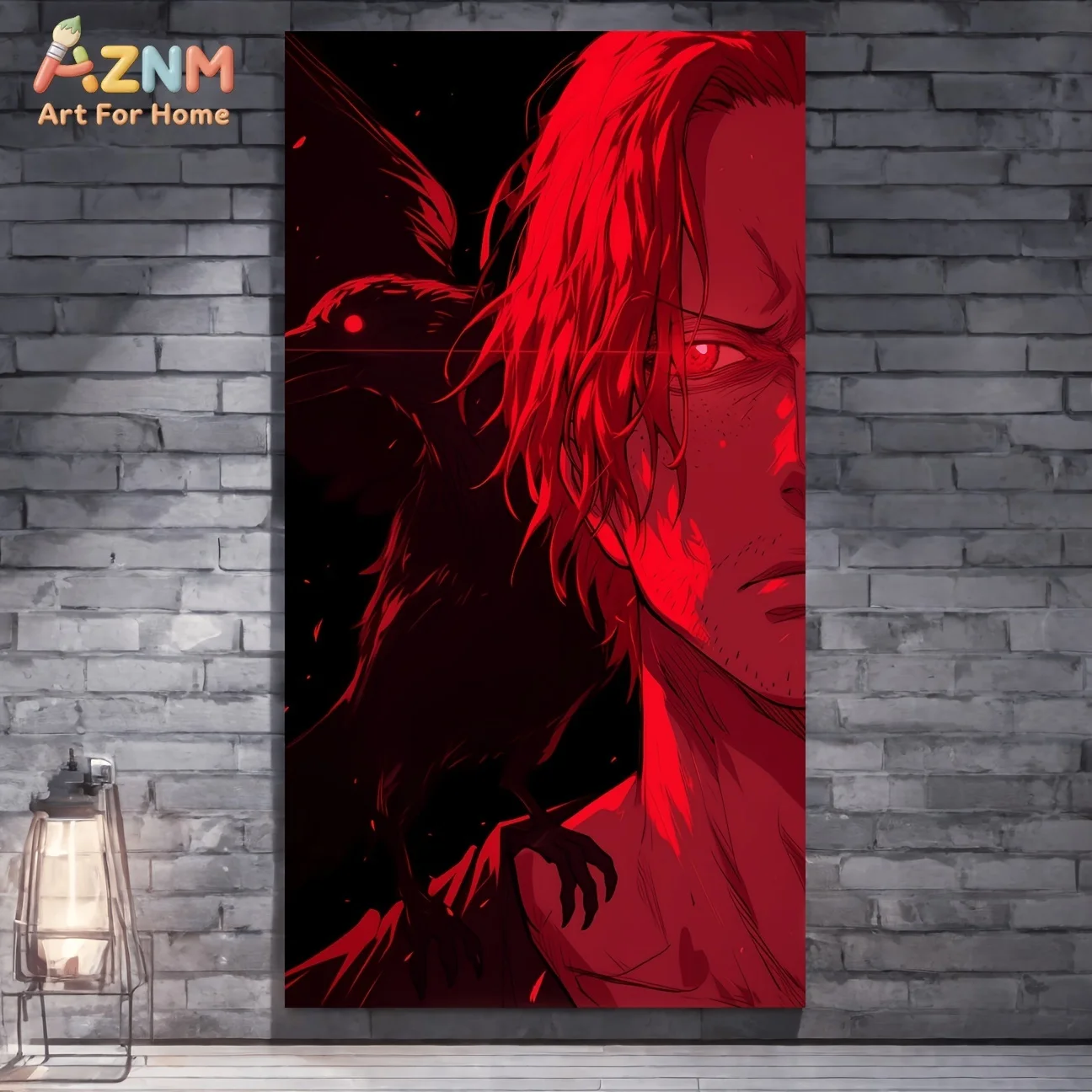 AZNM One Piece Shanks Red Tone Crow Dark Background Close Up Anime Canvas Wall Art Manga Pirate Character Print Unframed Canvas