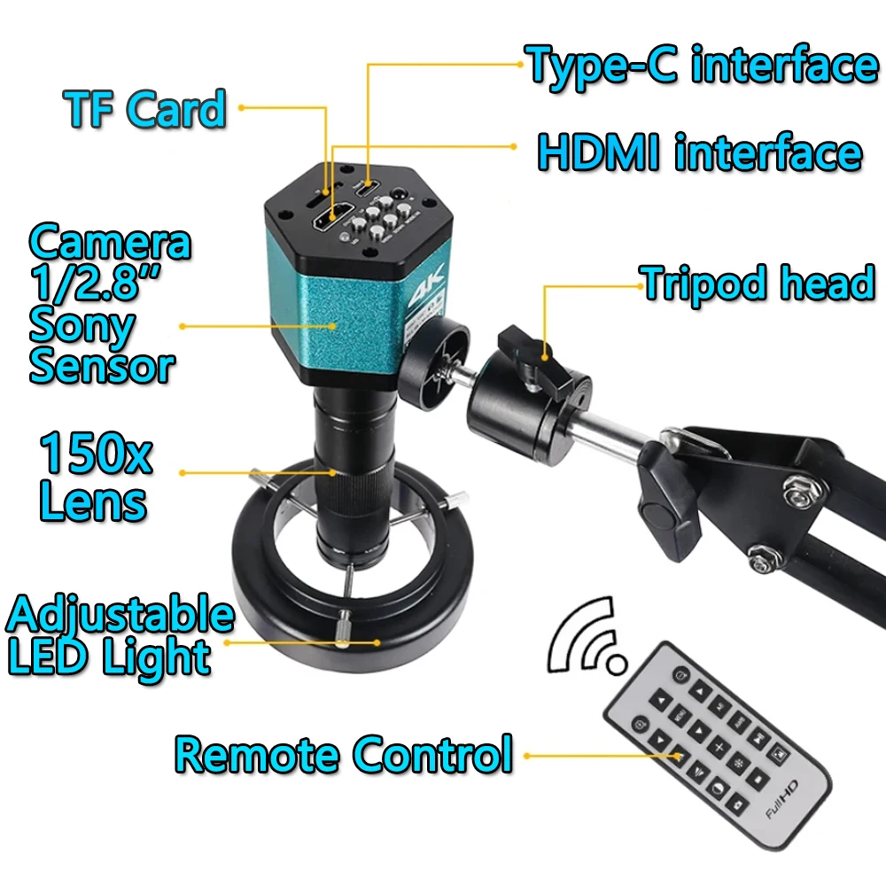 4K 48MP HDMI USB-C 60FPS Monocular Video Microscope Sets Full HD Digital Camera C-Mount 150X Lens 56LED Light For Repair Solder