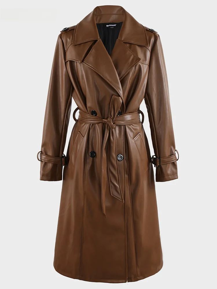 

Nerazzurri Women's Long PU Leather Coat Soft Brown Double-breasted Belted Autumn Windbreaker Fashionable Commute Style