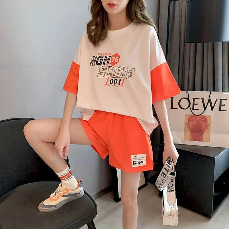 

Sporty Shorts Sets Loose Short Sleeve O-neck Printed T-Shirts Casual Short Pants Summer Korean Style 2 Piece Sets Women Outfits
