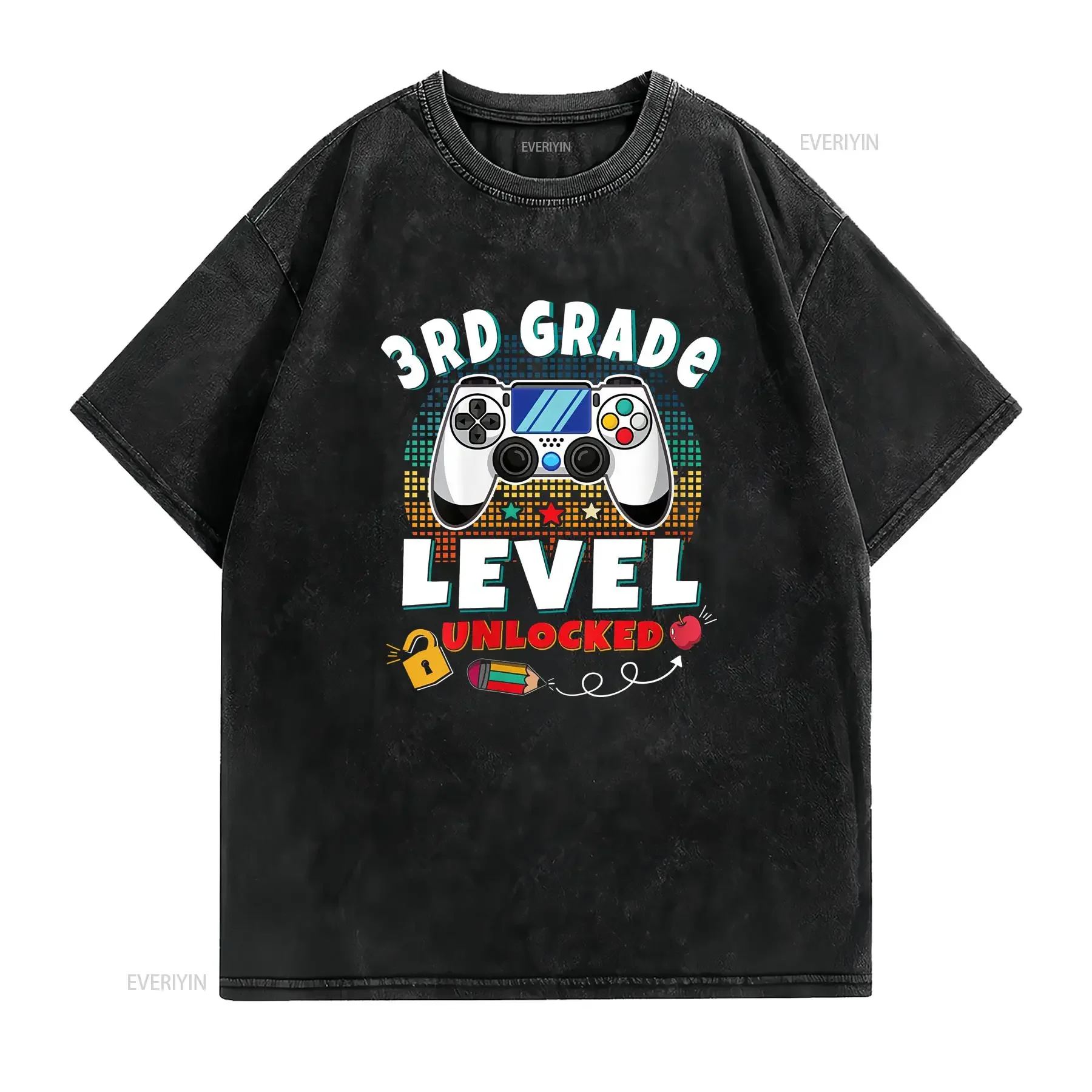 3rd Grade Level Unlocked Video Game Back To School Boys T Shirt Third Gamer First Day Of Girls vintage Washed fashion