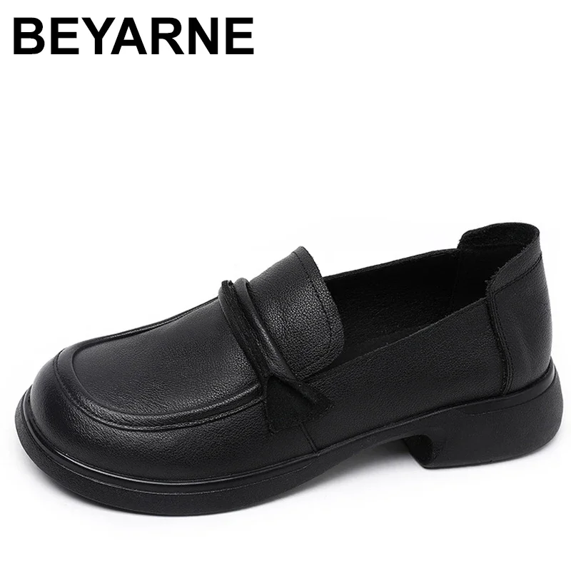 

British Style Women Loafers Genuine Cow Leather Shoes 2024 Autumn Soft Sole Platform Non-slip Thick with Low Heel Shoes