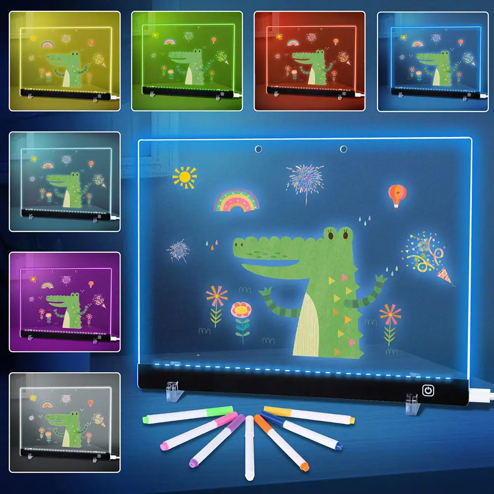 DIY Creative Glowing Painting Board LED Luminous Message Board with Seven Colors Pens for Office Colorful Drawing for Kids