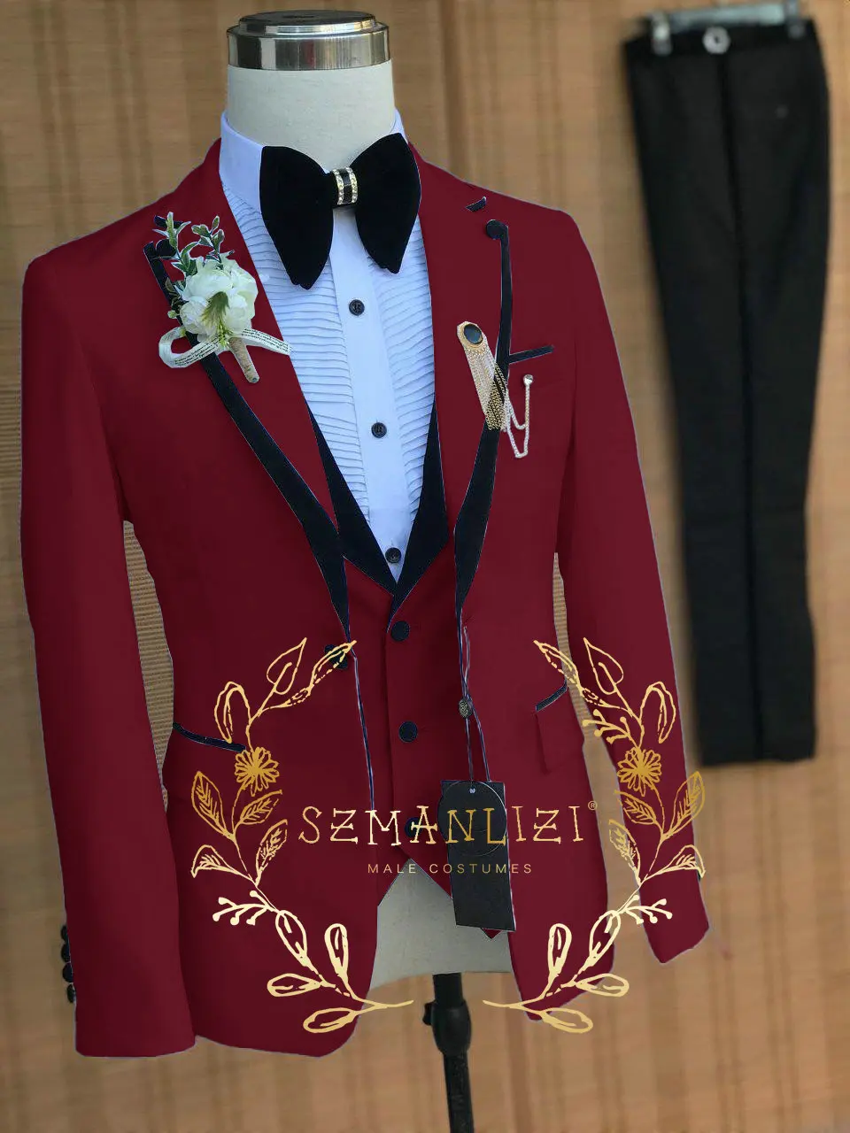 

Tailor-made Burgundy Suits for Men 3 Piece Slim Fit Formal Wedding Groom Tuxedo Fashion Luxury Business Blazer Vest Pants Set