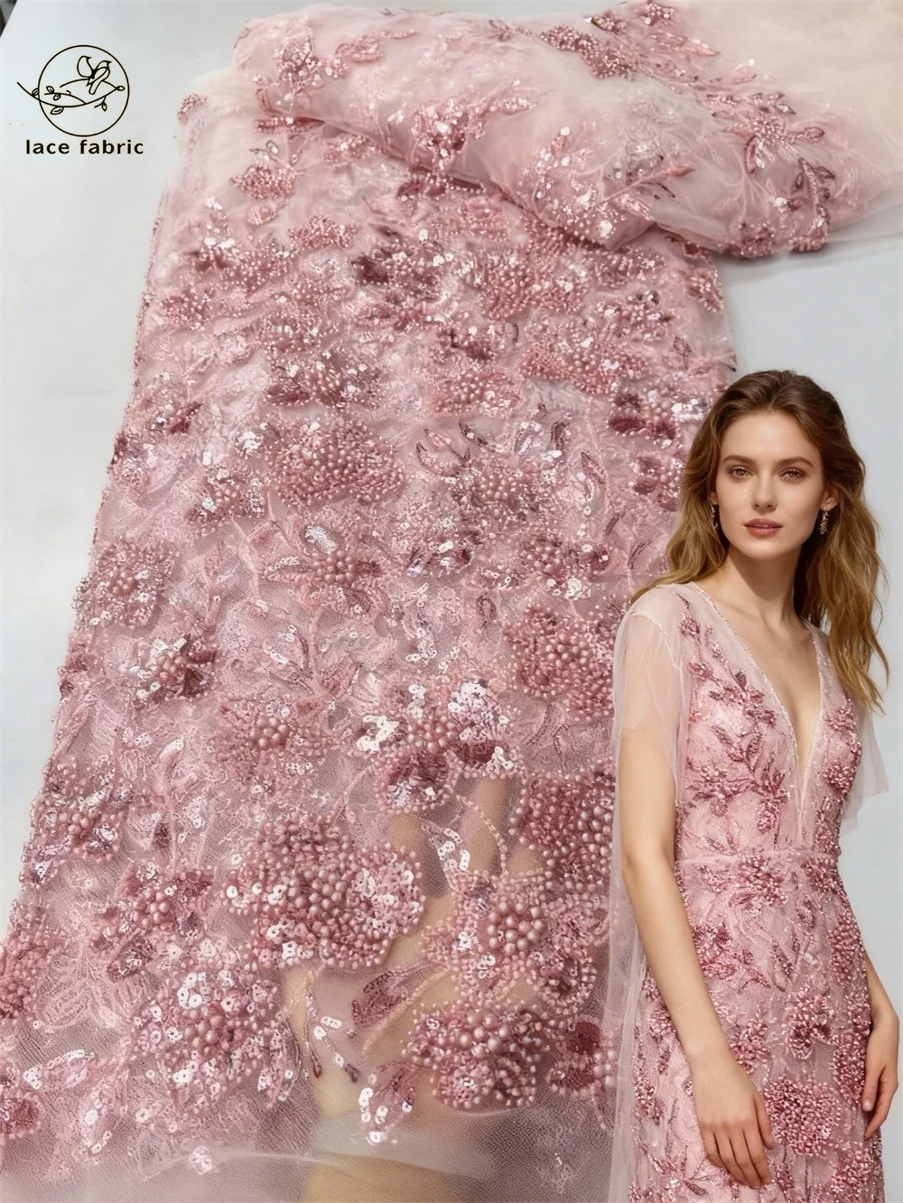 

Pink African Beads Mesh Lace Fabrics 2026 High Quality French Sequins Lace Fabric 5 Yards For Nigerian Wedding Dresses Sewing