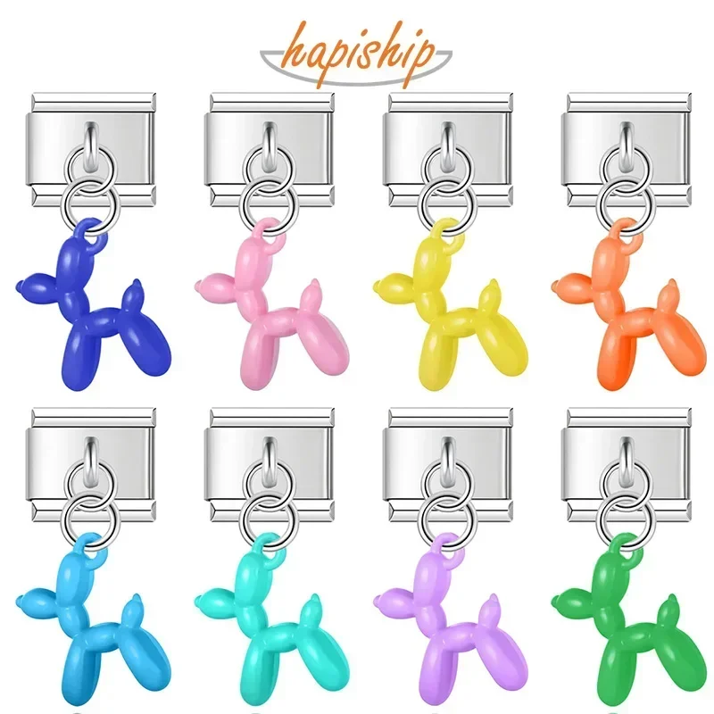 Hapiship 2023 New Fashion Sweet Colour Balloon Dog Charm Links Fit 9mm Stainless Steel Bracelet Making DIY Jewelry DJ594