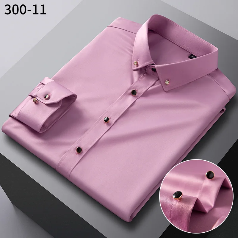 New Men\'s Silk Shirts Long Sleeve Drill Button Solid Color Silky Business Formal Social No Iron and Wrinkle Soft Fashion Clothes