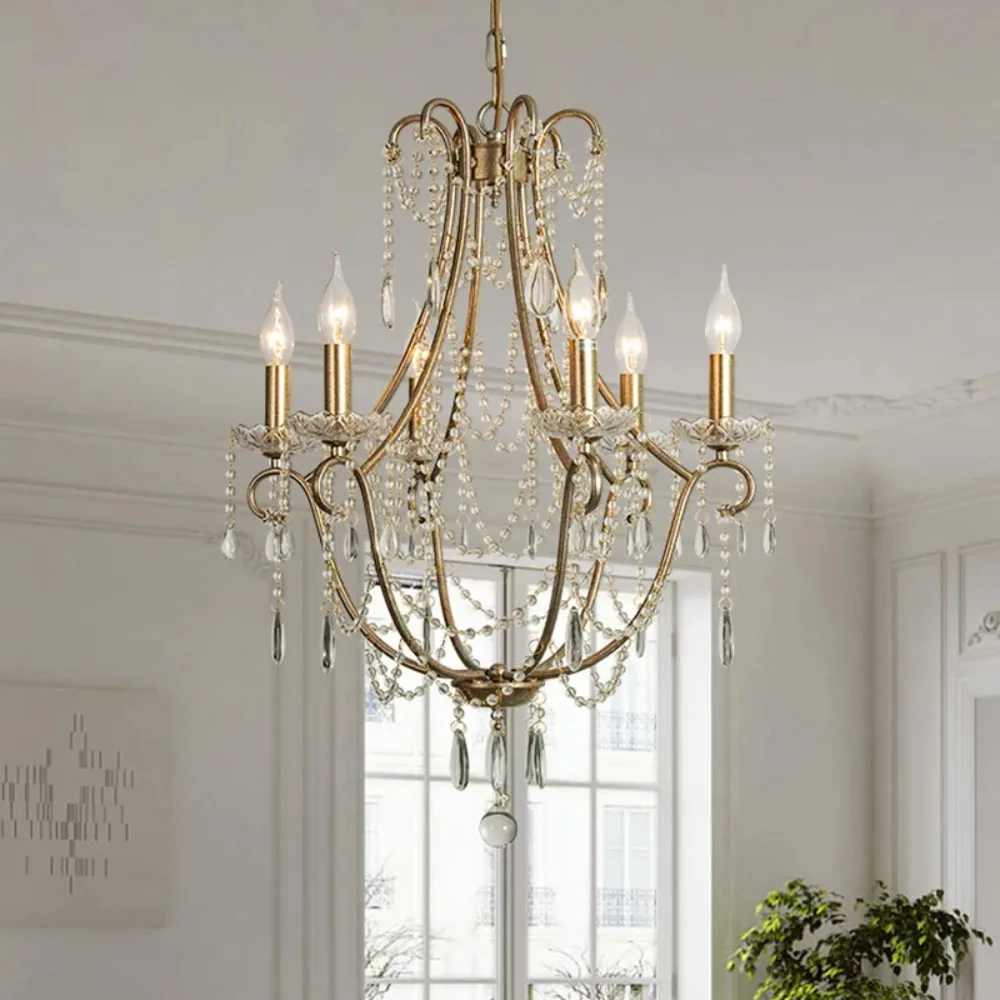 Antique Silver Crystal Chandelier American Farmhouse Chandeliers Duplex Villa  Rotating Staircase Hanging Lamp LED Cristal Light