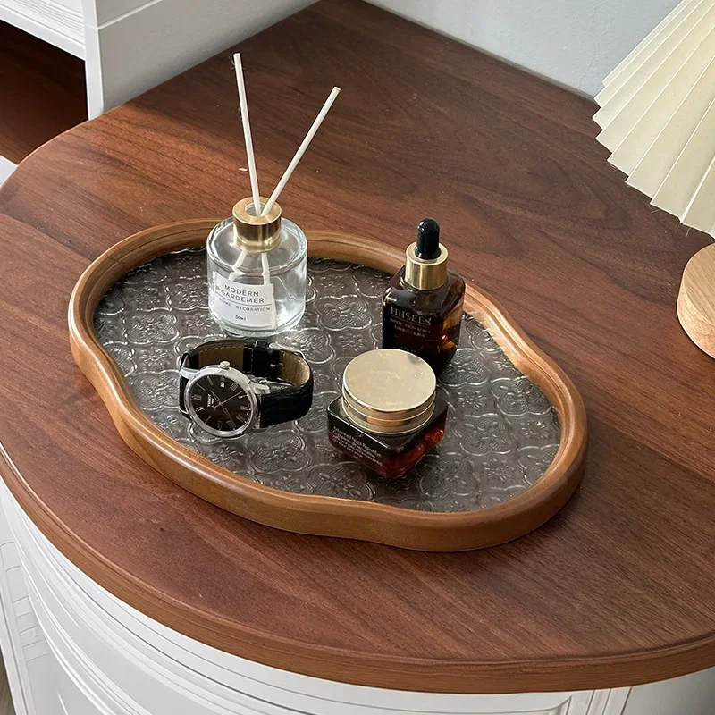 Vintage Wooden Tray with Embossed Glass,Irregular Cloud Shape Decorative Tray,Vanity Tray for Perfume, Jewelry, Cosmetics, Home