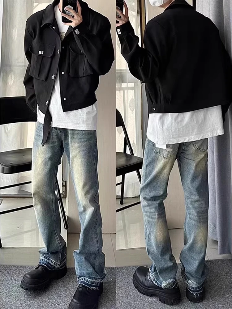 

American Sle Men's High Waist Straight Leg Jeans Bell Bot Long Taller Size Knife Pants Youth Trendy Wear Resistant