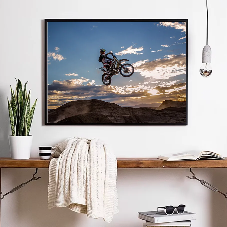 Motocross Dirt Bike Rider Jumping Sunset Mountains Sky Clouds Black frameless Poster Wall Art Canvas Print Home Decor