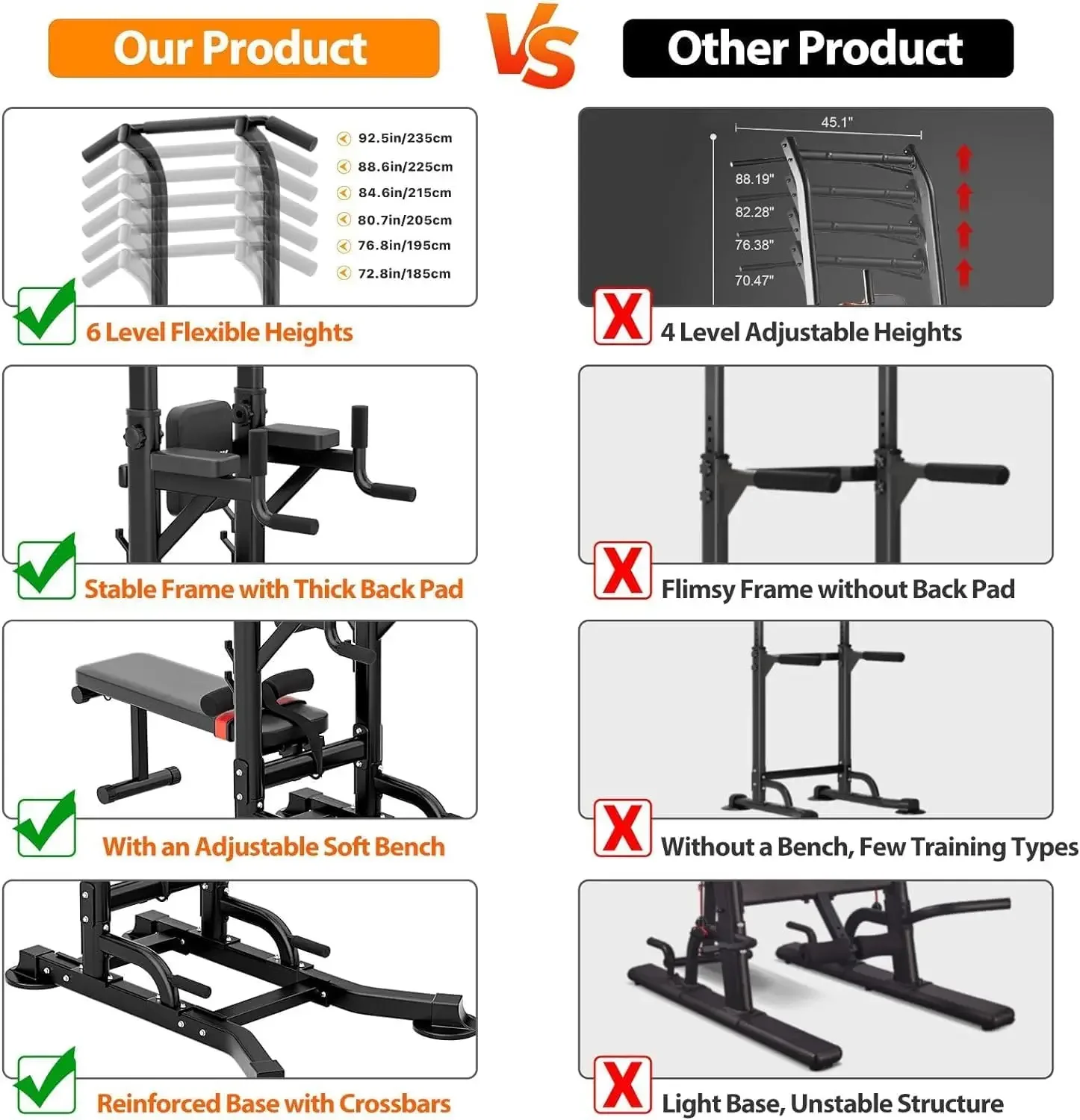 Estação de mergulho pull up, torre de energia com banco de peso, máquina de mergulho com alturas ajustáveis, barra de tração independente, stren