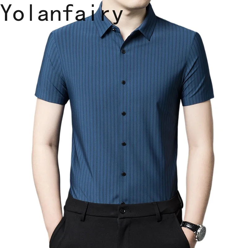 YOLANFAIRY 5% Mulberry Silk Mens Shirts Summer Shirt Mens Shirts Short Sleeves Men Clothing Fashion Tops Chemise Ete 2024 Homme