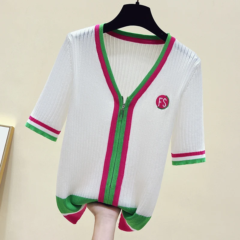 France 2023 Summer Sweater Short Sleeve Ribbed Knit Cardigan V-neck Single-breasted Slim Fit Brand M High Quality Cardigan