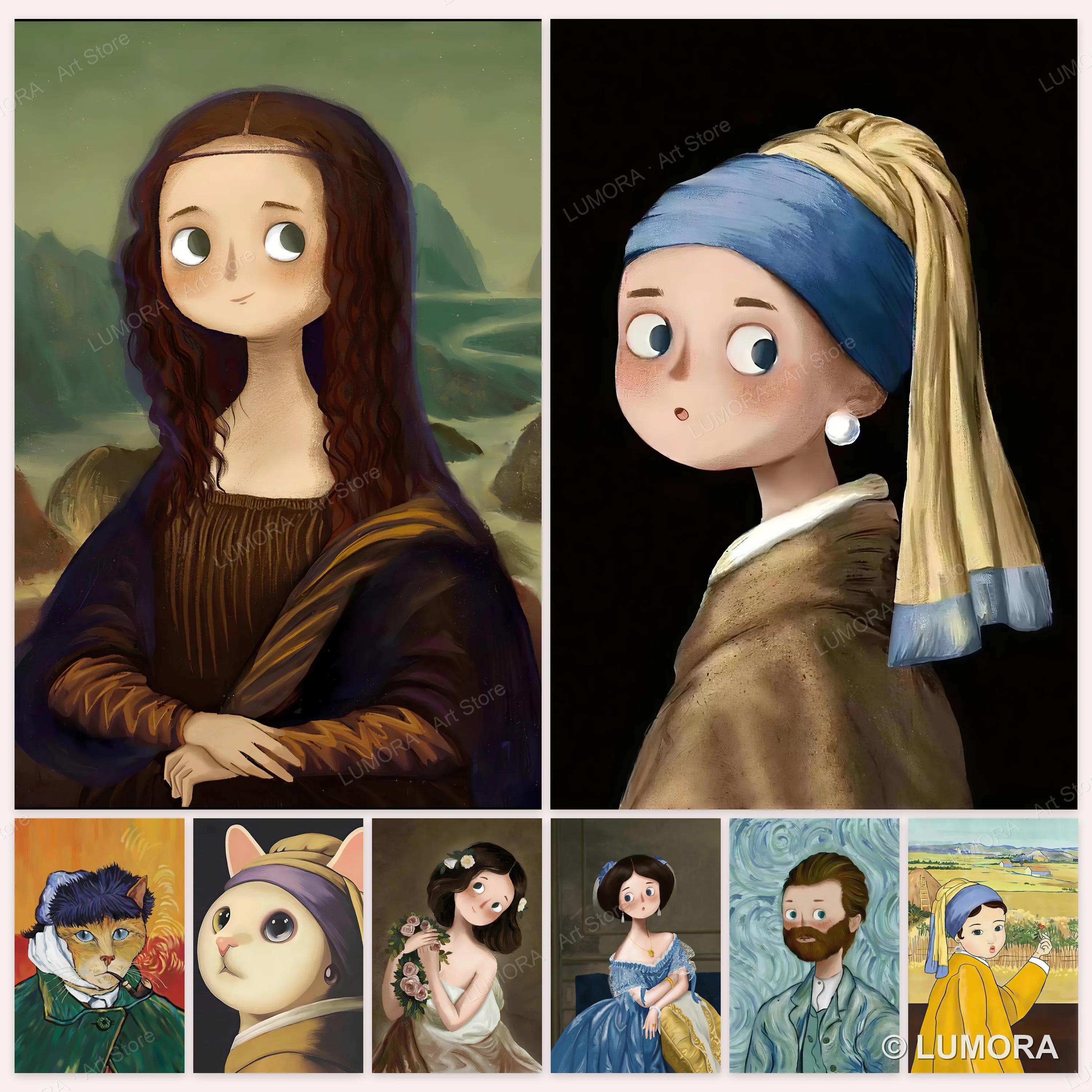 Cute Famous Painting Canvas Wall Art Poster Kawaii Mona Lisa Van Gogh Cat Girl with Pearl Earring Funny Gift Room Decor Unframed