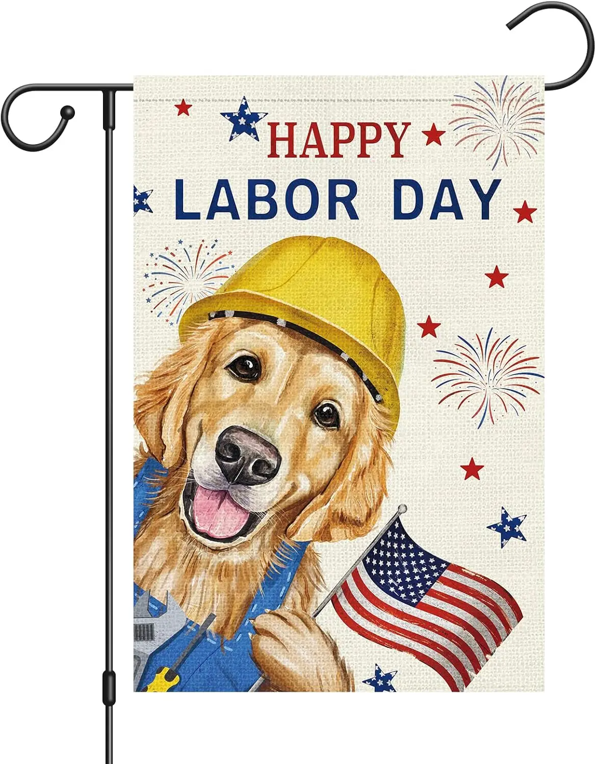 Happy Labor Day Garden Flag Labor Dog Patriotic USA Flags 12 x 18 Double Sided Burlap Banner for Outdoor Outside Garden Farm PPZ