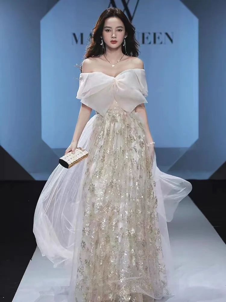 

High Quality Off The Shoulder Champagne Evening Dresses A Line Tulle With 3d Flower Sequined Floor-Length Host Quinceanera Gowns