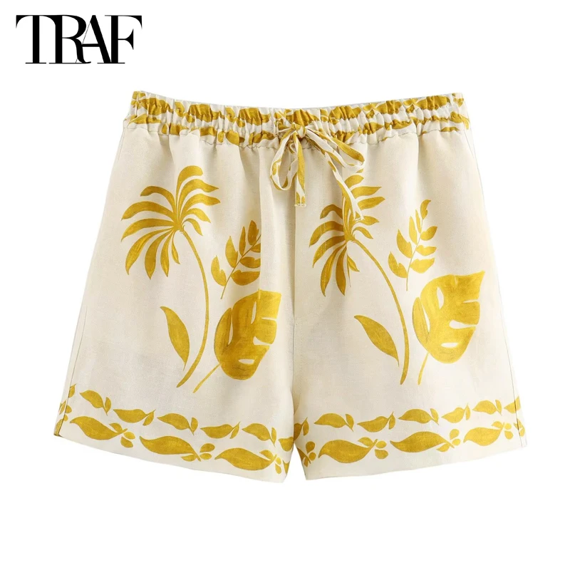 

TRAF 2024 Print Pleated Shorts for Women High Waist Baggy Pants Woman Summer Beach Mini Shorts Women Holiday Boho Women's Shorts