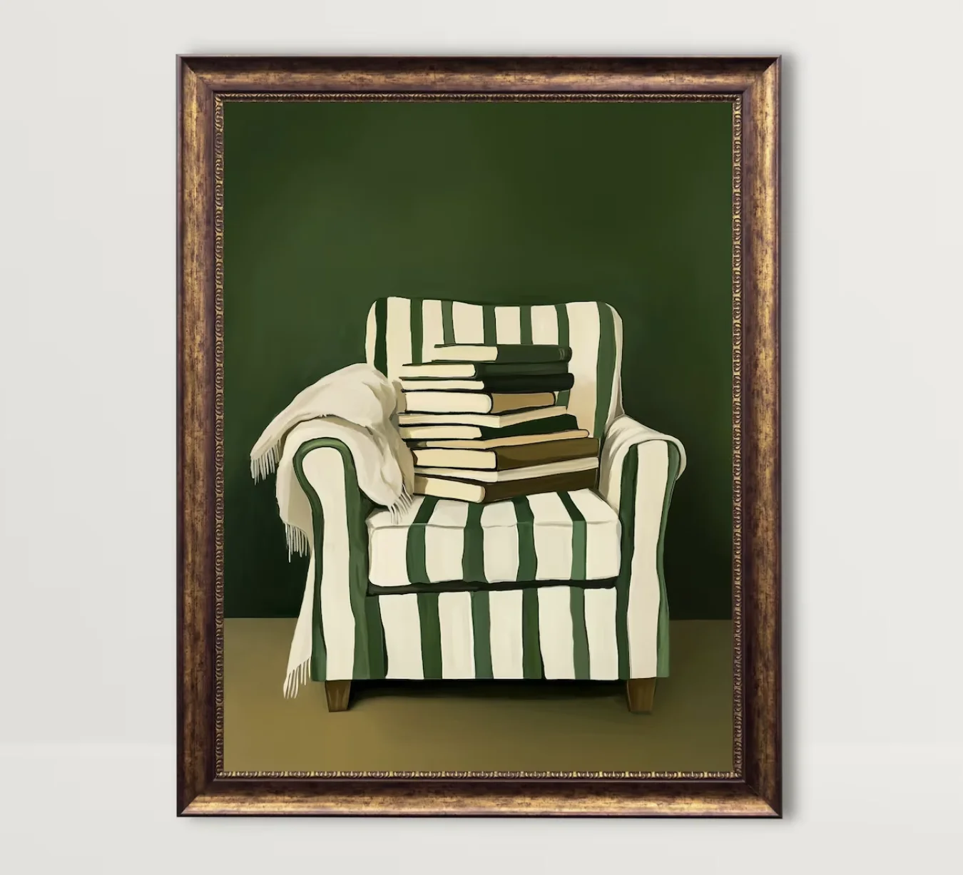 (No frame)Striped Armchair Stacked Books Canvas Prints Wall Art Posters Decor Bedroom Living Room Study Library Office Decor