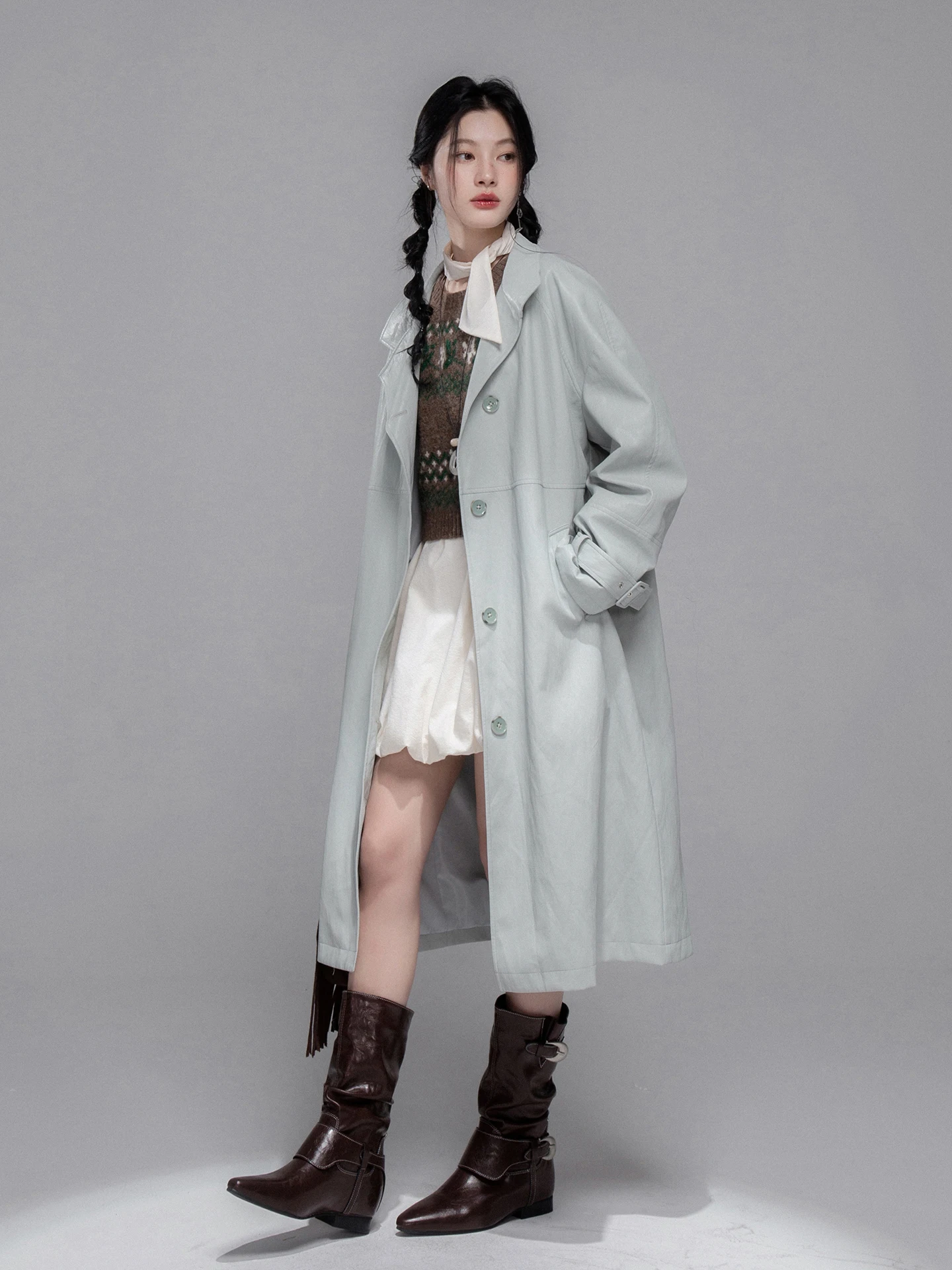 COTRE インテリジェントセンセーション コールドトーン グレーブルー ダブルウェア レザーコート ウィンドブレーカー 通勤スタイル 長袖 レギュラーフィット