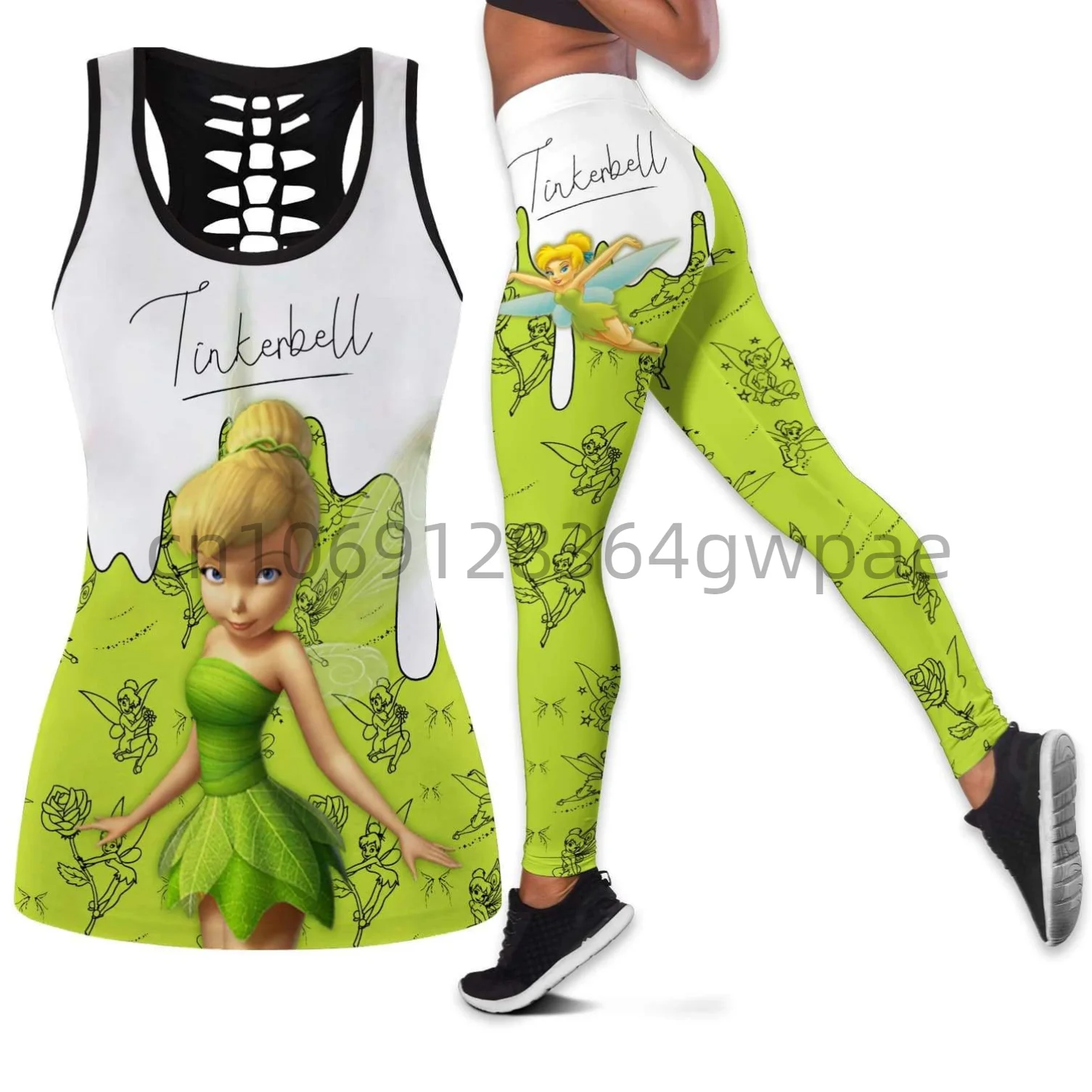 Tinker Bell Women\'s Cutout Tank Top Leggings Yoga Set Summer Fitness Leggings Tracksuit Disney Hollow Tank Top Leggings Set