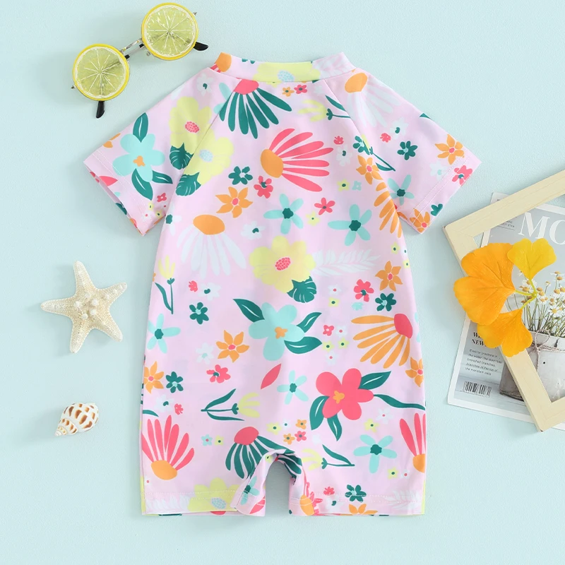 Baby Girls Cute Floral Print  Swimsuit Summer Short Sleeve Zipper Bathing Suits Infant Short Rash Guard