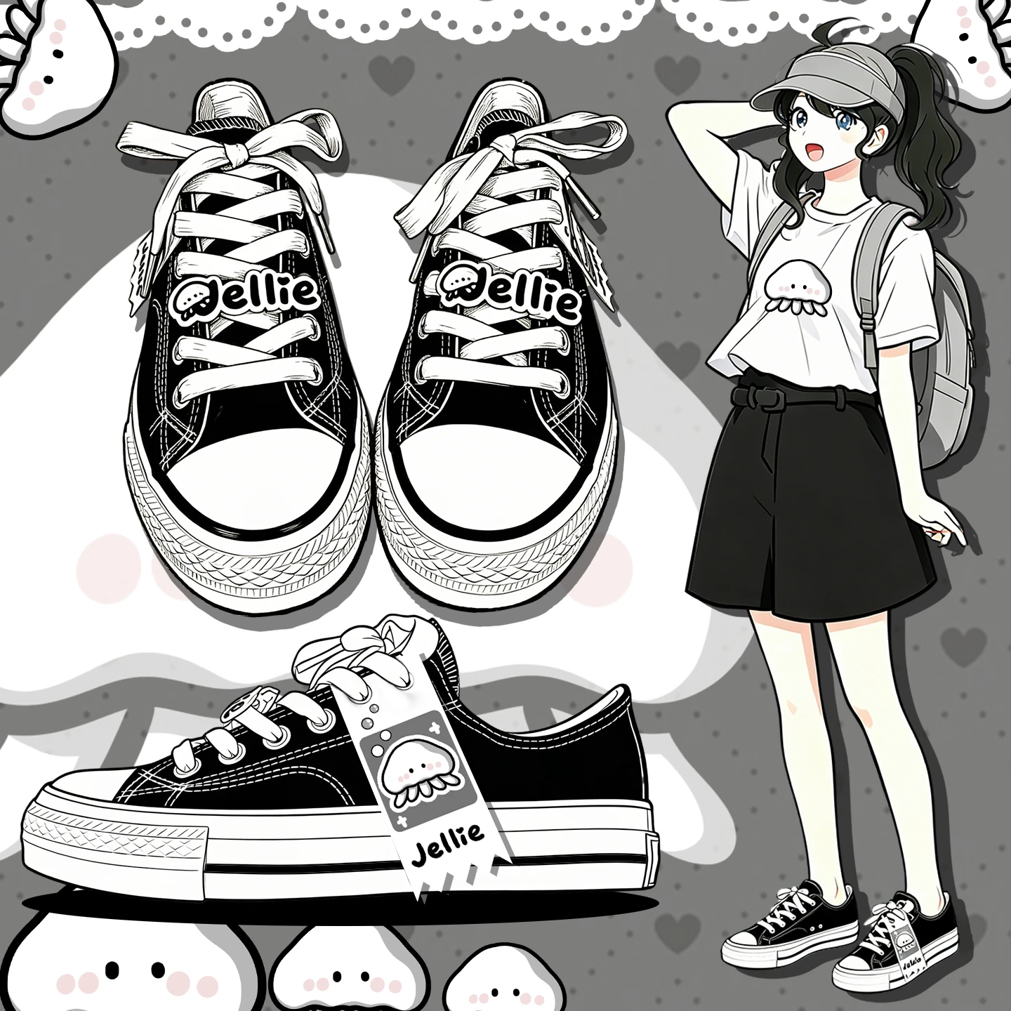 Amy and Michael Women Cute Jellyfish Cartoon Low Top Canvas Shoes Black Laceup Sneakers Y2K Kawaii Girls Casual Vulcanize Shoes