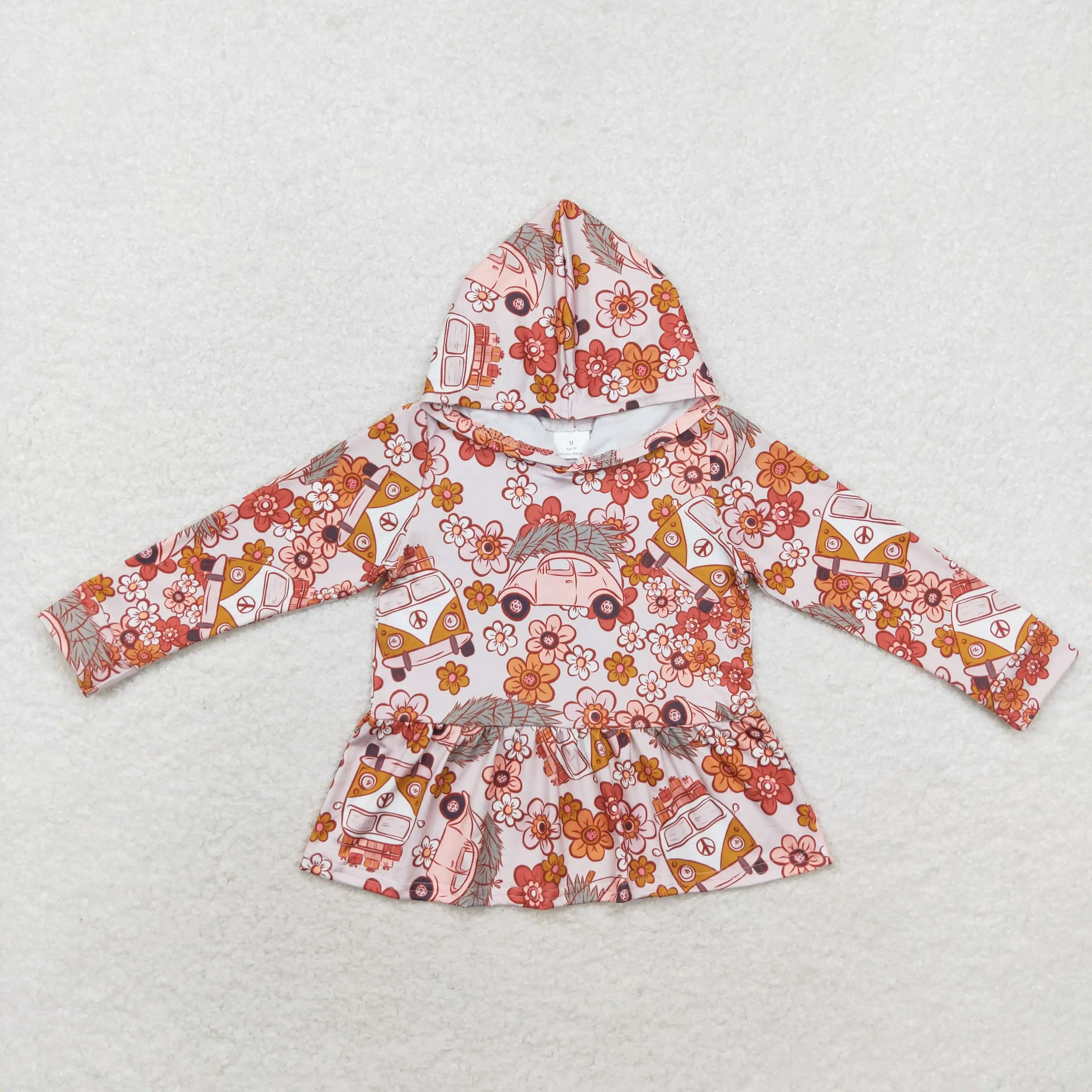 

GT0652 Wholesale New Arrival baby girl clothes Flower bus hooded long-sleeved top Summer Boutique kids clothes girl