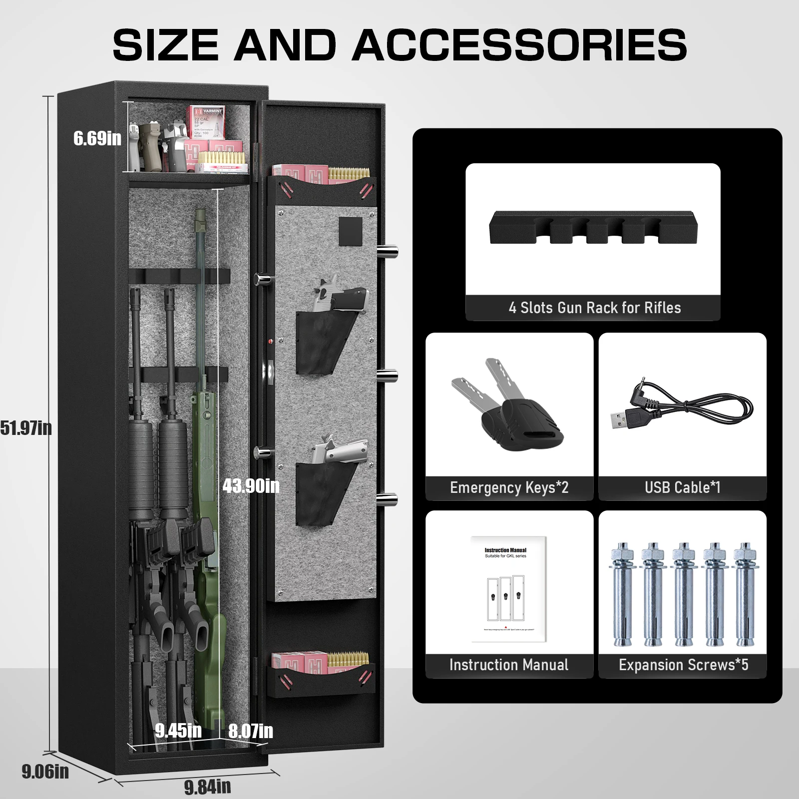 3 Gun Safe, Quick Access Rifle Gun Safe with Silent Mode and Alarm System, Removable Shelf and 2 Adjustable Gun Slots