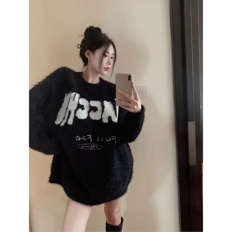 

Y2k Women 2024 Autumn/Winter New Knitted Top Sensibility Pullover Chic Sweater Round Neck Idle Style Loose-Fit Outer Wear Trendy