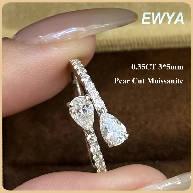 

EWYA Pear Cut 0.35CT 3*5mm Moissanite Open Ring GRA Certified 925 Silver Diamond Rings Twist Adjustable Wedding Band for Women