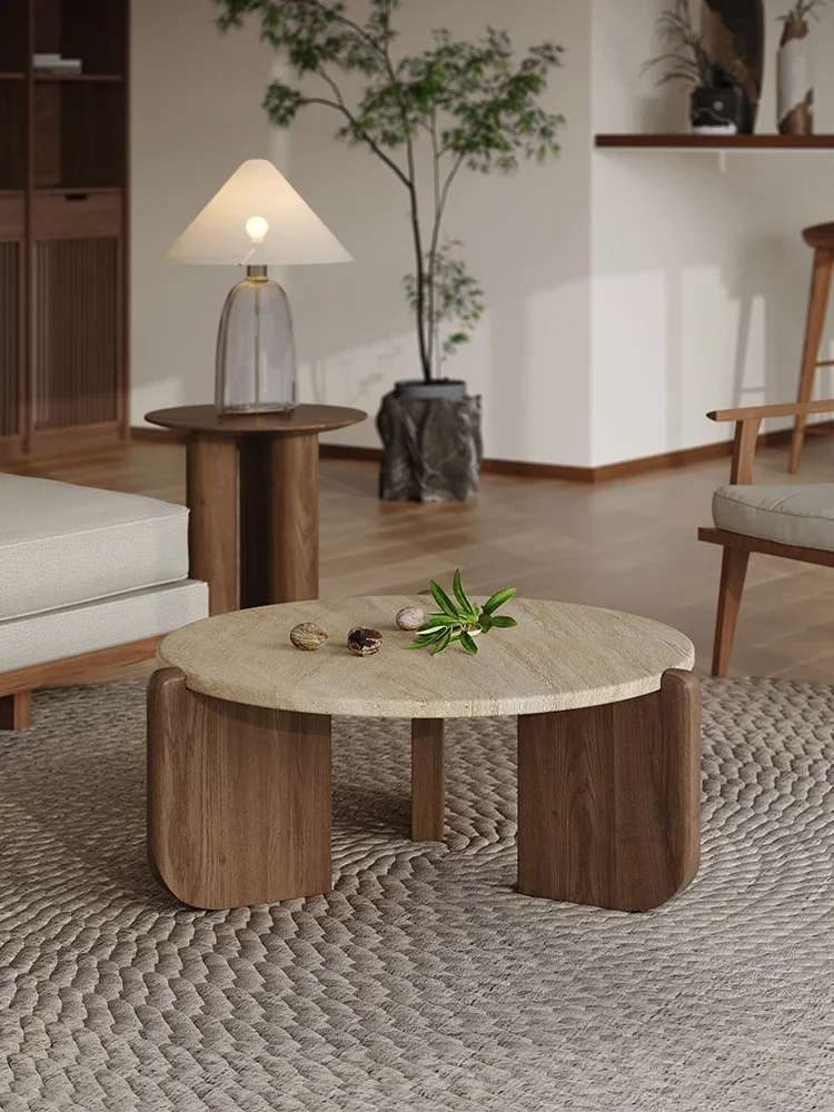 Quiet and minimalist small apartment living room household round marble solid wood coffee table