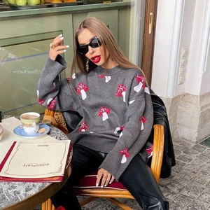 Damen Zekye Pilzgrafik Suéter, schöne schwarze Schweißs, Langarm -Netz, Basic Casual, Pulver Herbst, Elegant, Winter, Winter 10 Hauptverkauf Pullover Schwarz Frauen - №10